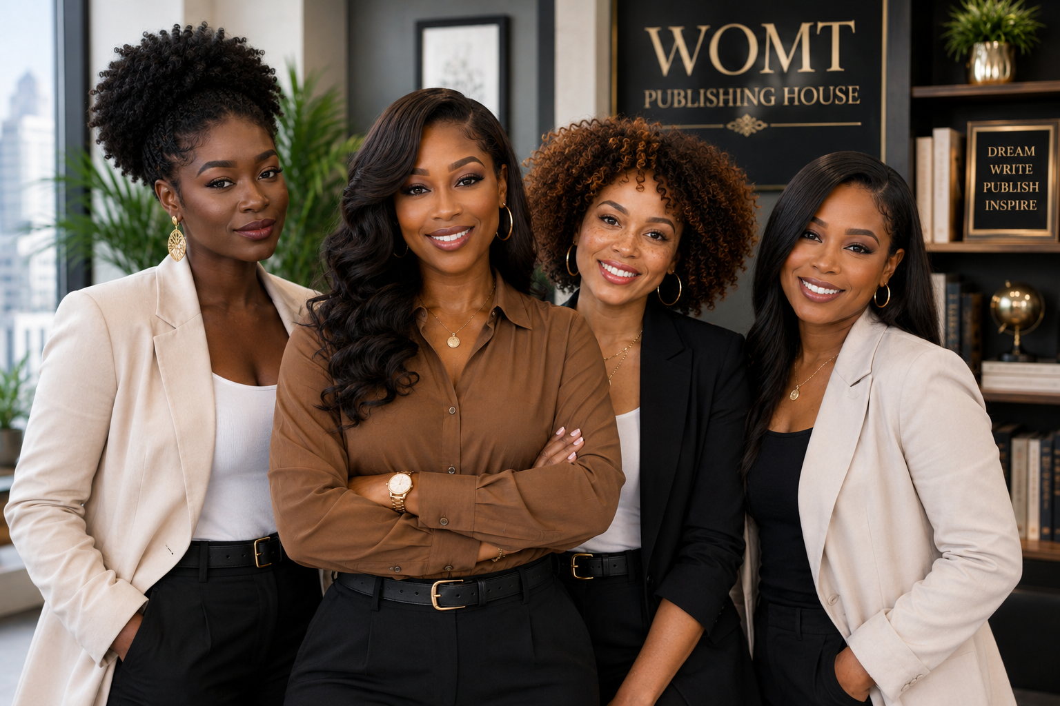 Confident team of four women at woman of many trades publishing house.