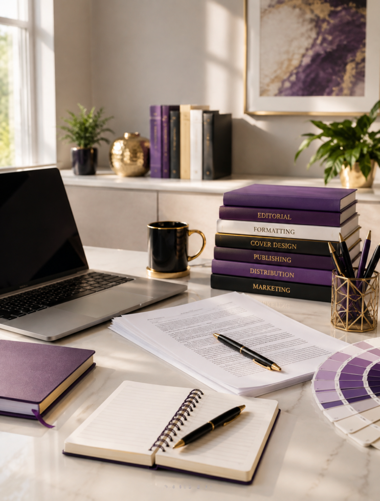 Professional publishing workspace with manuscript pages, laptop, books, and business tools for author coaching.